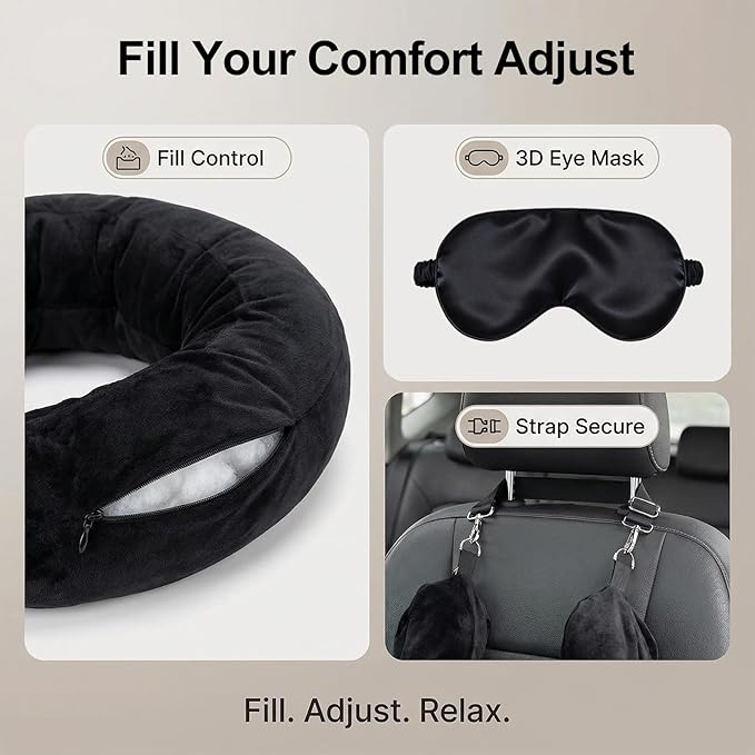 Stuffable Travel Neck Pillow with Light-Blocking Sleep Mask, Fillable Airplane Neck Pillow for Clothes, Soft Velvet Neck Support with Strap