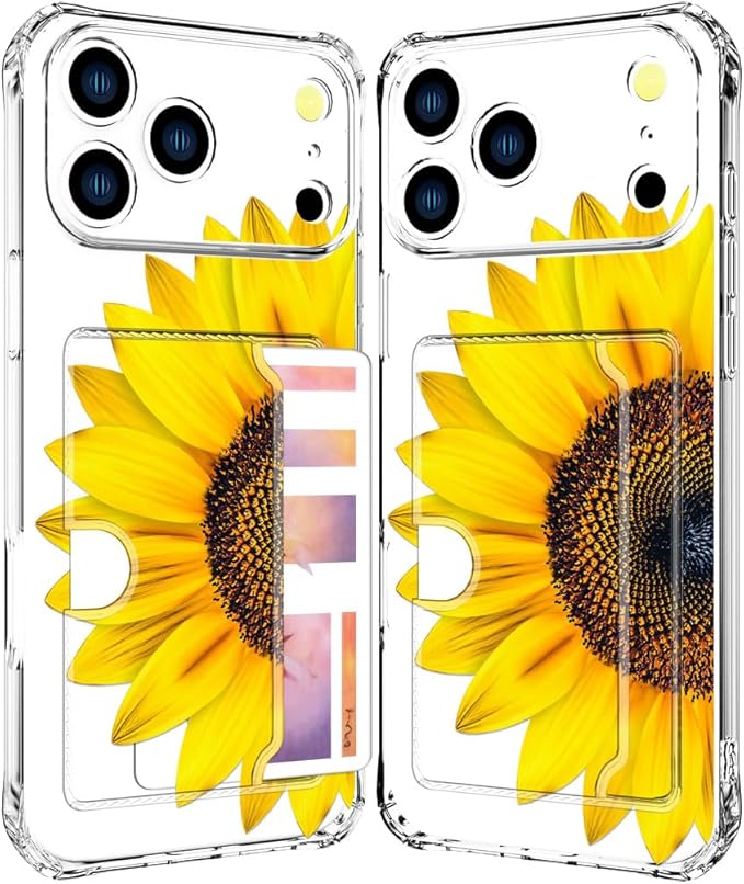 Compatible with iPhone 17 Pro Case Card Holder for Women Cute Design,Wallet Phone Cases Transparent Cool Kawaii Protective (Clear Sunflower Sun Flower)