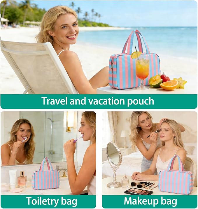 Toiletry Bag for Women Travel Water-resistant Cosmetic Bag Fashion Stripes Makeup Bag with Hanging Hook Preppy for Store Toiletries Cosmetic Accessories Medium Rose Red