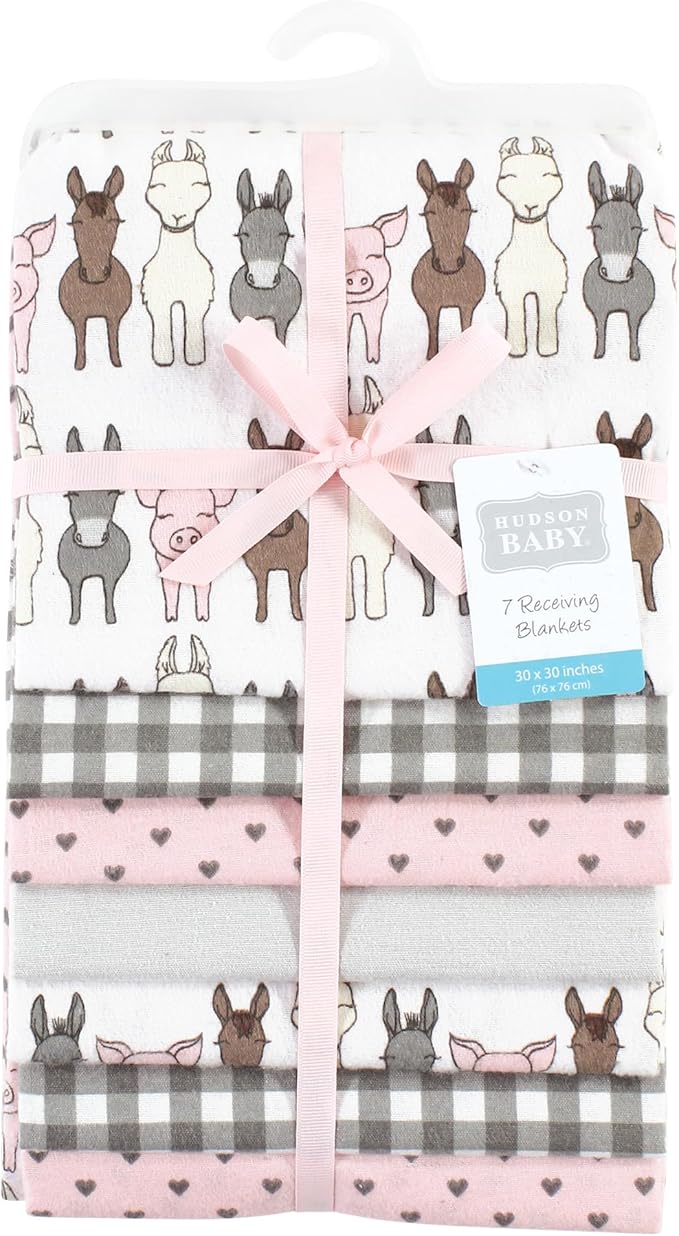 Hudson Baby Unisex Baby Cotton Flannel Receiving Blankets Bundle, Farm Friends Pink, One Size