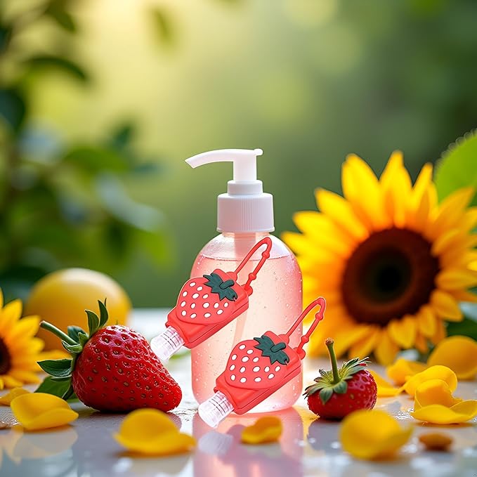 2Pcs Strawberry Empty Travel Hand Sanitizer Bottle, Silicone Sleeve Refillable Empty Squeeze Leakproof Flip Cap Keychain, Hand Soap Holder Cosmetic Containers, Refillable Portable Travel Containers