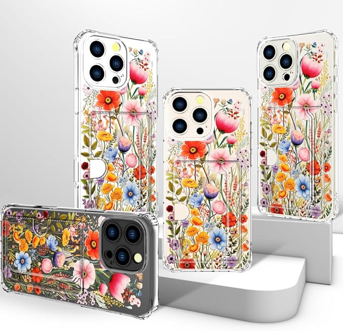 Compatible with iPhone 16 Pro Max Case Card Holder for Women Cute Design,Wallet Phone Cases Transparent Cool Kawaii Protective (Clear Flowers Lily Girly Florals)