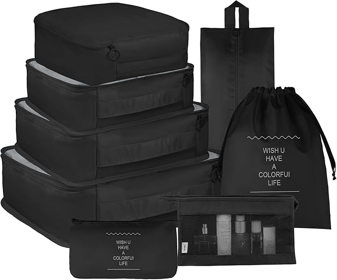 Vercord 8 Set Travel Packing Pods Luggage Organizers Cubes with Laundry Bags Accessories