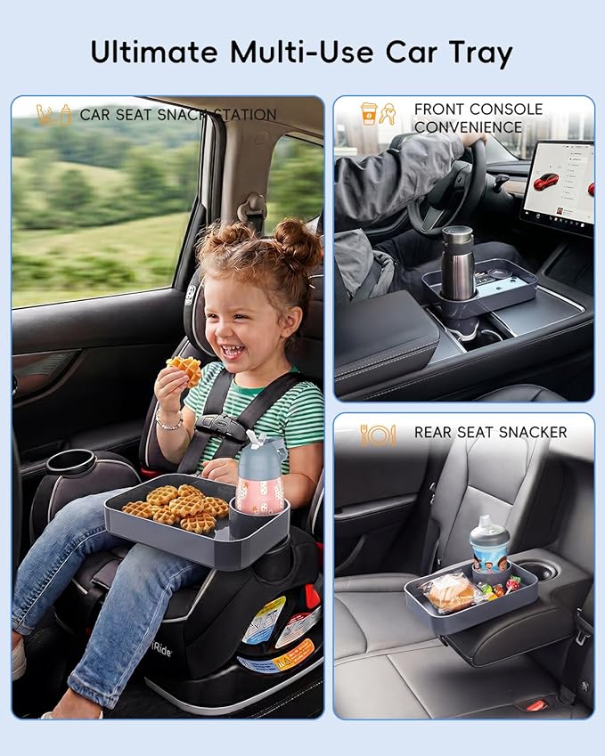 Toddler Car Seat Snack Tray - 3 Inch Cup Holder with Dip Well Fits Most Sippy Cups & Straw Bottles, Mess-Free Square Kids Travel Tray Road Trip Essentials, Dark Grey