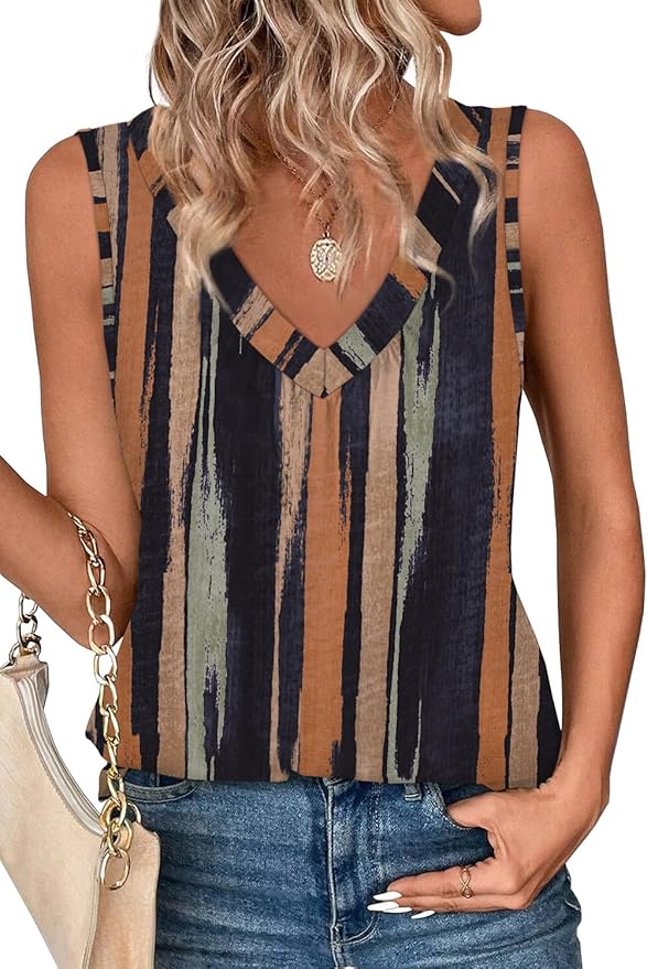 OFEEFAN Tank Top for Women Loose Fit Sleeveless Shirts V Neck Summer Clothes Ruched Women's Tees and Tanks Curved Hem