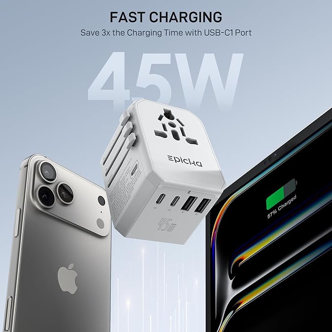 EPICKA Universal Travel Adapter GaN 45W, European Travel Plug Adapter with PD&QC Fast Charging(2 USB-A & 3 USB-C Ports) - Worldwide Travel Essentials, International Power Adapter for UK/US/AU