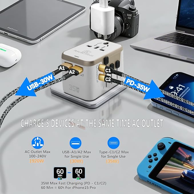 35W Universal Travel Adapter with 4 Ports (2 USB-C & 2 USB-A) – All-in-One Worldwide Power Adapter for US, EU, UK, AU & 200+ Countries – Fast Charging Wall Charger (White)