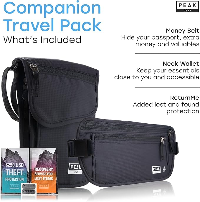 Travel Companion Combo - Hidden Travel Money Belt + Neck Wallet (Gray, Bundle)