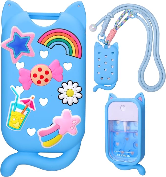 Juome Hand Sanitizer Spray Case for Touchland with Adjustable Keychain Lanyard & Charms, Cat Silicone Protective Holder for Touch Land Mist Case 1FL. OZ, Travel Cover Sleeve Accessory - Blue