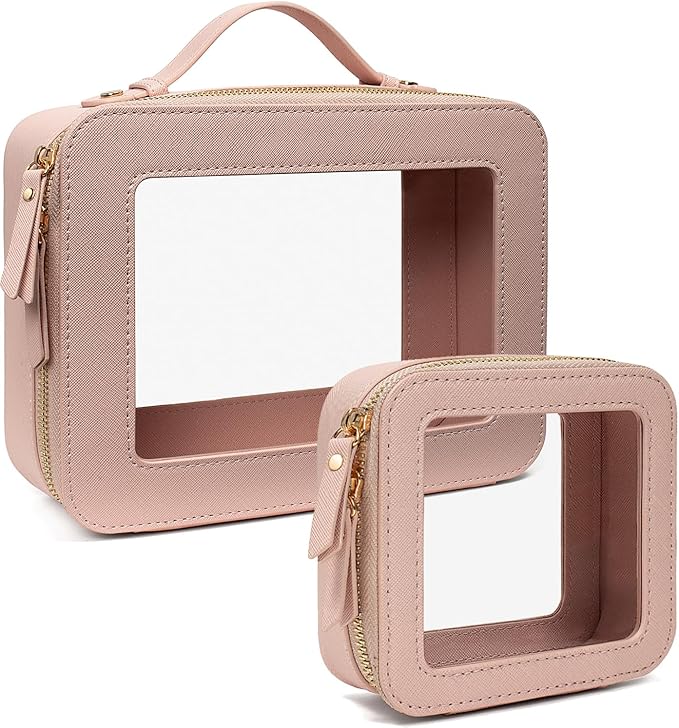 LETGO 2 Pcs Clear Makeup Bags with Zipper Toiletry Bags for Car Essentials Cosmetic Purse Pouches PVC Transparent Storage Pouch Travel Portable Car Organizer for Women Gift (Mini+Large Nude)