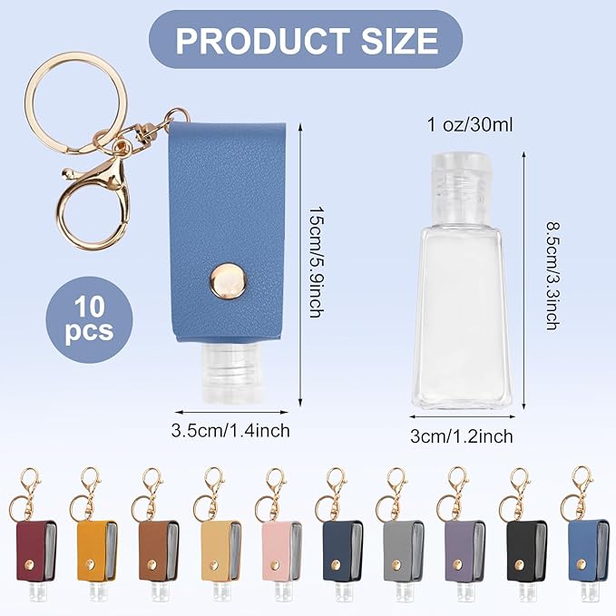 10PCS Hand Sanitizer Holders, 30ML Leather Keychain Holder Bottles Cases, Travel Size Empty Squeeze Bottle for Toiletry Shampoo Lotion Soap