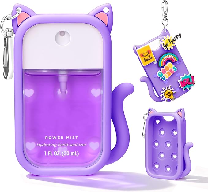 Cat Silicone Case for Touchland Hand Sanitizer Spray with Keychain, Compatible with Power Mist & Glow Mist 1 FL Oz/30ML for Touchland Case, with Charms Accessory Cute Travel Cover Sleeve Purple