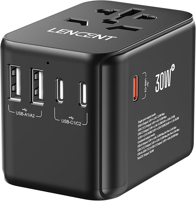LENCENT Universal Travel Power Adapter, 30W GaN International Plug Adapter, Fast Charger with 5 USB Port(3 USB C), All-in-One Worldwide Travel Essentials for US to EU UK Ireland Australia Type C/G/A/I