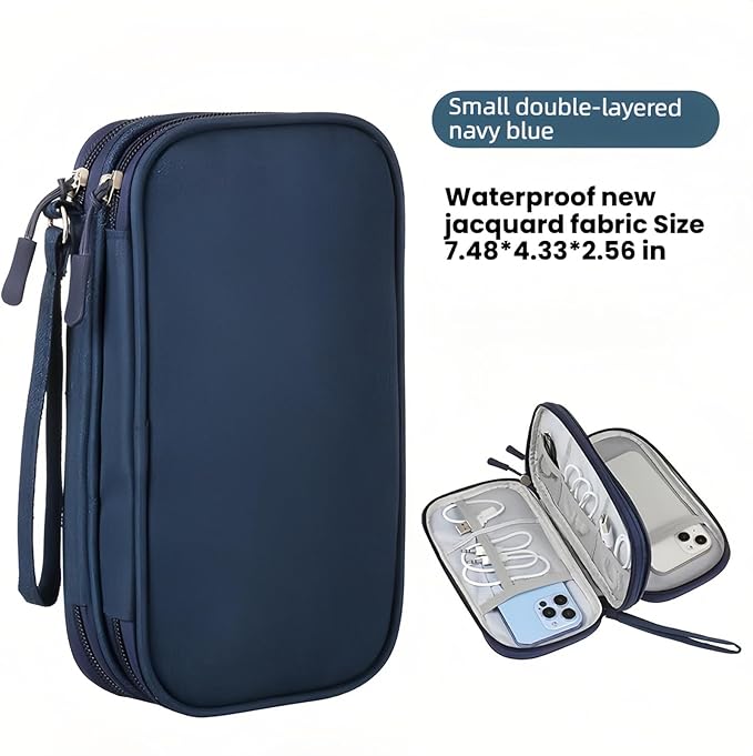 Portable Waterproof Double Layers All-in-One Storage Bag, Travel Cord Organizer，Electronics Accessories Organizer Pouch Bag for Accessories,Charger, USB Cable, Gadget (navy blue)