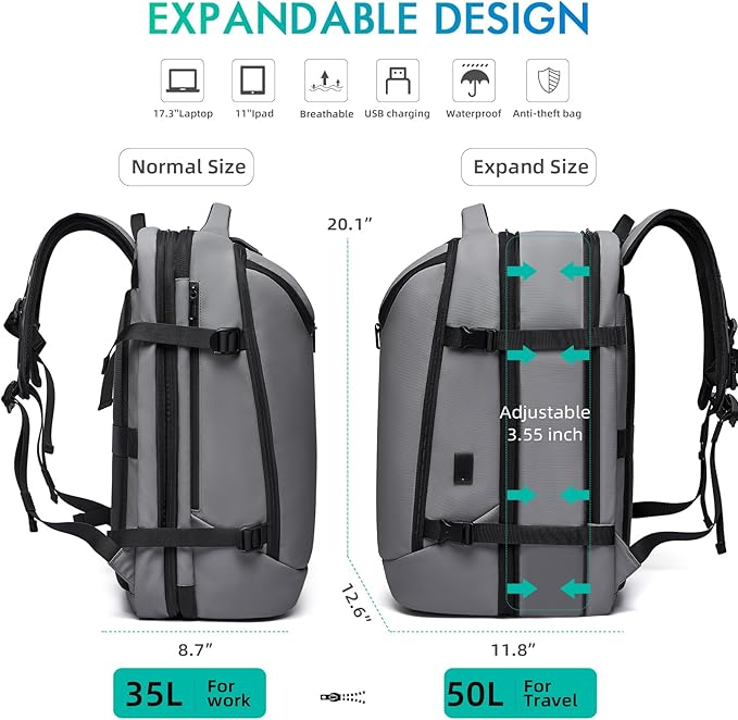 TANGCORLE Laptop Backpack for Women, 50L Carry On Backpack Men, Expandable Flight Approved Water Resistant Luggage with 3 Packing Cubes & USB Port, Travel Backpack Fits 17.3 Inch Notebook