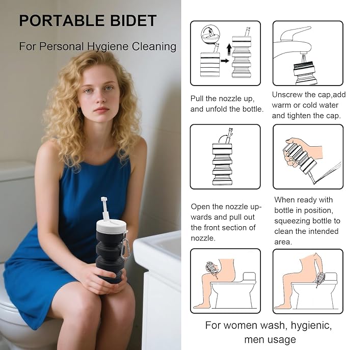 Collapsible Peri Bottle Small Portable Bidet Sprayer, 300ml Travel Size Expandable Camping Mini Bidet for Home, Outdoors, Handheld Foldable Hand Bathroom Bottle for Women Men Black（1pc）