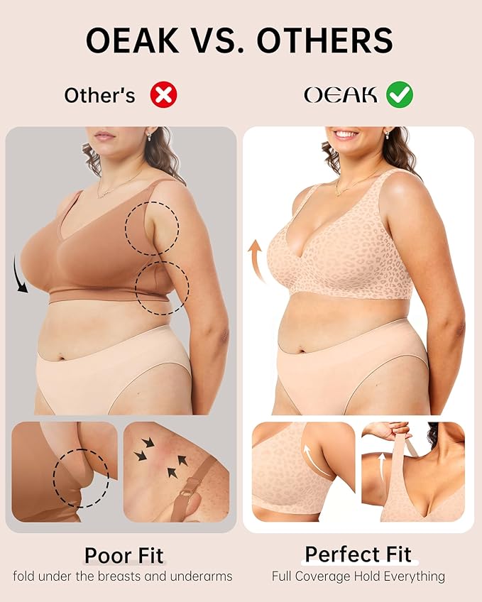 OEAK Womens Deep V Bras Wireless Comfortable Bra Supportive No Underwire Bras Tshirt Push Up Bralettes Plunge Seamless Bra