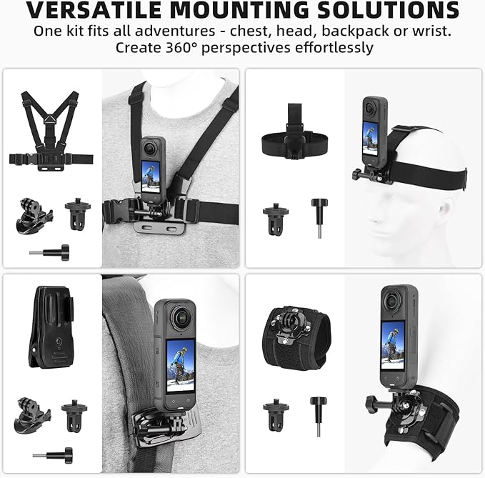 BRDRC Accessories Kit for Insta 360 X5 X4 Air, Chest Mount Head Strap Harness Backpack Clip Holder Wrist Strap, 360°Rotating Adapter + Quick Release for Insta360 One X5 X4 X3 X Camera Accessory Bundle