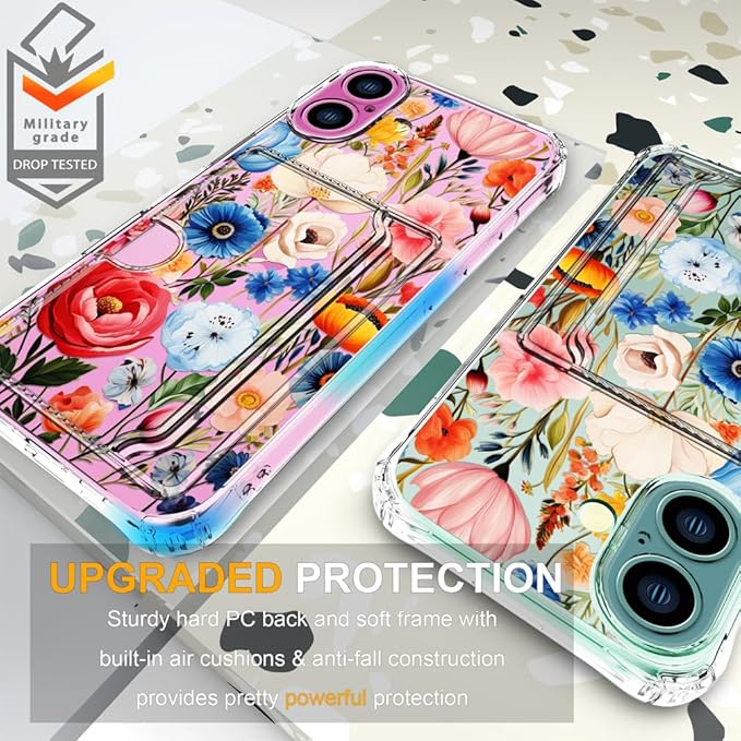 Compatible with iPhone 17 Case Card Holder for Women Cute Design,Wallet Phone Cases Transparent Cool Kawaii Protective (Clear Flower Art Rose Peony)