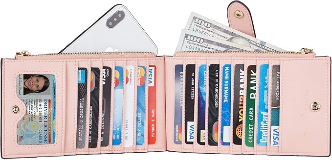 Travelambo Womens Wallet Slim RFID Blocking Bifold Credit Card Holder Wallet with 16 Card Slots, 2 Zippered Pockets (Pink Lotus)