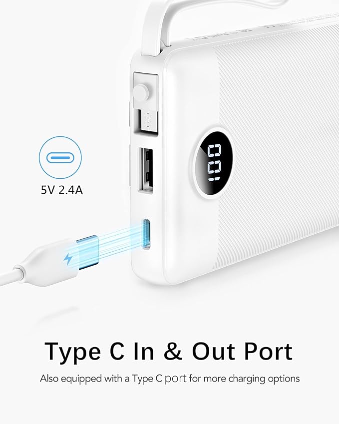 VRURC Portable Charger Power Bank, USB C Battery Pack 10000mAh,5 Outputs 2 Inputs Pocket Travel Charging Bank Built-in Cables for iPhone 17 Pro 17 16 15 14 13,Samsung,Android-White(1 Pack)