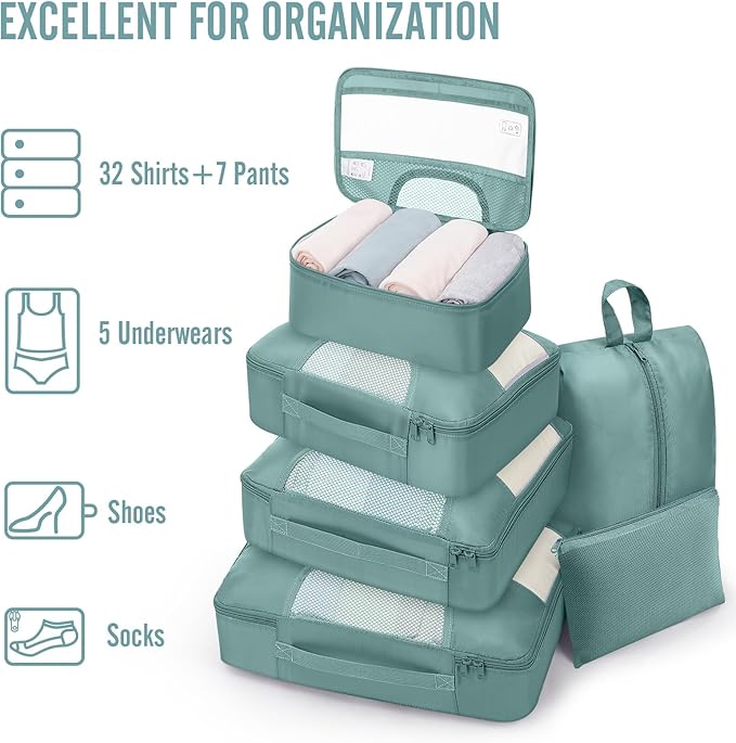 Veken 8 Set Packing Cubes for Travel Essentials, Suitcase Organizer Bags in 4 Sizes, Carry-On Luggage Accessories with Large Laundry Bag & Passport Holder, Must-Have for Airplane, Road Trip & Camping
