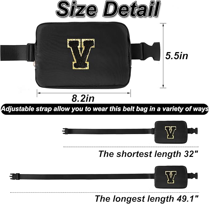 Uygafly Personalized Belt Bag for Women Girls - Fashion Mini Waist Packs with Adjustable Strap - Trendy Travel Fanny Pack Crossbody Bags with Initial Letter - Teen Gifts | Black,Black V