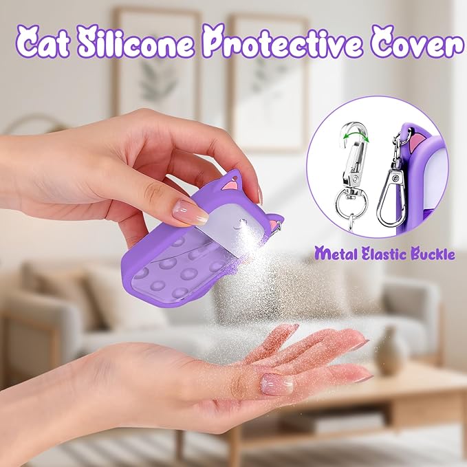 Cat Silicone Case for Touchland Hand Sanitizer Spray with Keychain&Charms,Compatible with Power Mist & Glow Mist 1 FL Oz/30ML for Touchland Case,Cute Travel Cover Sleeve Accessory (Purple Cat)
