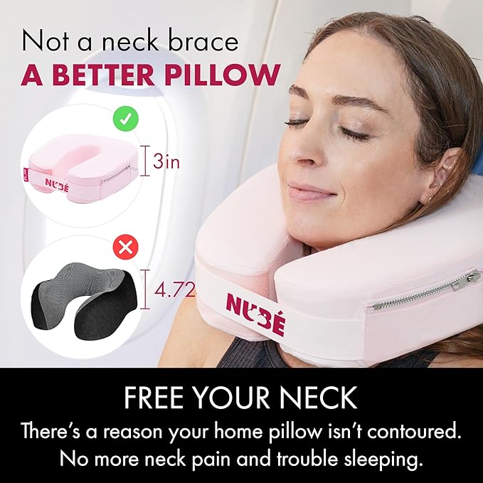 Travel Neck Pillow – Ultra Lightweight & Comfortable Memory Foam with Zipper Storage for Airplane, Car & Home Travel Accessory for Head & Neck with Cooling, Breathable & Washable Fabric – Pink