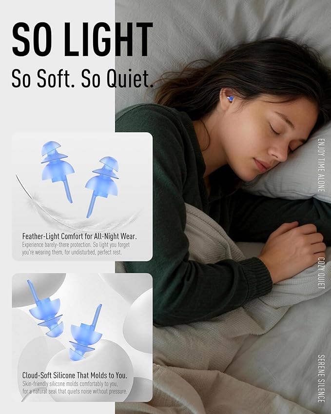 Ear Plugs for Sleeping 3 Pairs, Reusable Silicone Earplugs Sound Proof Noise Cancelling for Side Sleeper Study Travel Working Snoring Blocking -32dB Hearing Protection, with Cord & Case, Blue