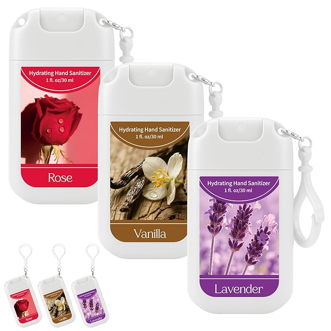 Set of 3 Power Mist Hydrating Hand Sanitizer Spray Bulk with Keychain Travel Size Portable Hand Sanitizer 1 Fl. oz Compact Spray Bottle Lavender Rose Vanilla Scent for Women Graduation Gifts