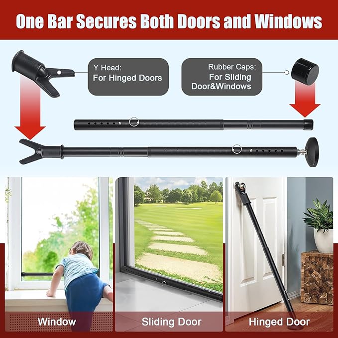 2 Pack Door Security Bar – Anti-Slip 600LB Heavy Duty Door Stopper Jammer Stick, Adjustable 24.5-50.7'',Portable Travel Safety Lock Blocker for Home, Apartment, Hotel, Front & Sliding Doors