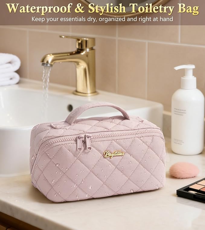 Travel Makeup Bag, 3 Pcs Large Capacity Puffy Toiletry Bag for Women, Open Flat Quilted Make up Cosmetic Organizer w/Handle & Clear Divider Water-resistant Portable Pouch Travel Essentials, M-Oatmeal
