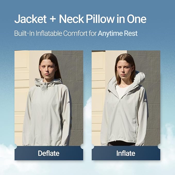 Pillowdy Full Zip Hoodie – Inflatable Built-in Travel Pillow – Comfortable Rest On-The-Go – Perfect for Airplane and Trips