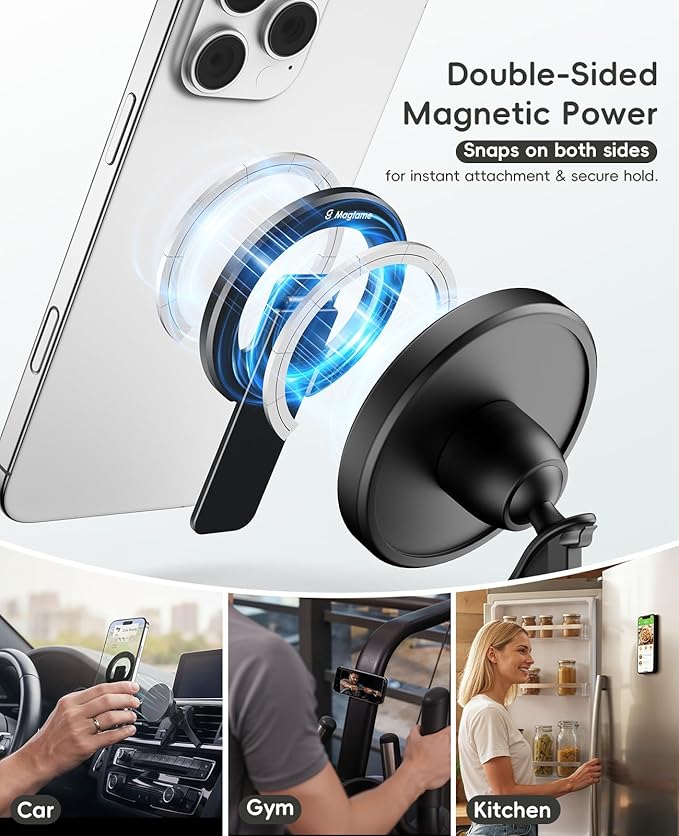 Magtame Double-Sided Magnetic Phone Stand Grip, Strong Magnetic Kickstand Desk Holder for Mag&Safe and Smartphone, Foldable Adjustable Design, Black