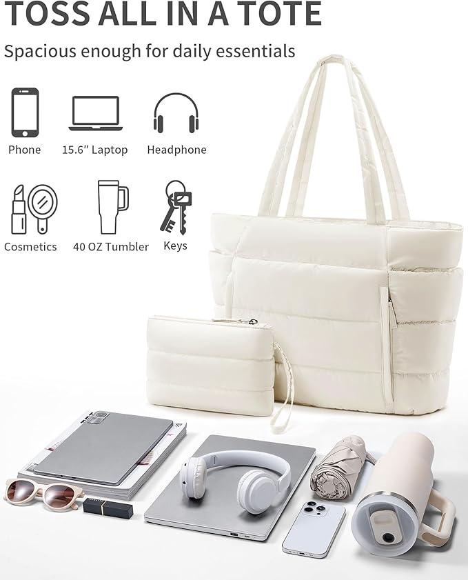 Bagstellar Puffer Tote Bag for Women, Lightweight Puffy Work Handbag Teacher Nurse Quilted Shoulder Bag for School Travel Gym | Cloud Bag w/ Zipper, Daily College Bags, 15.6" Computer Bag, Clinical Nursing Bag, 40 OZ Tumbler Holder, Ideal Gift for Women
