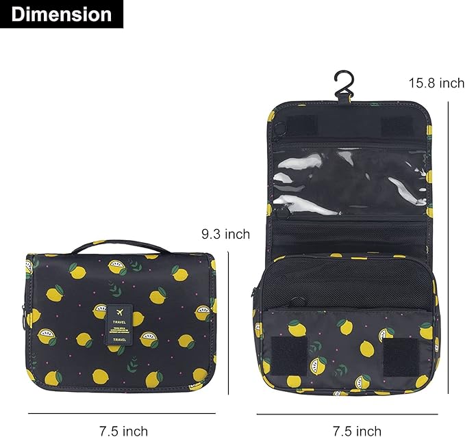 Travel Toiletry Bag for Women, Hanging Toiletry Bag with Multi-Pockets, Toiletry Bag for Traveling Easy Clean, Travel Organizer Bag Black-Lemon