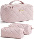 Travel Makeup Bag, 3 Pcs Large Capacity Puffy Toiletry Bag for Women, Open Flat Make up Cosmetic Organizer w/Handle & Clear Divider Water-resistant Portable Pouch Travel Essentials, M-Light Pink