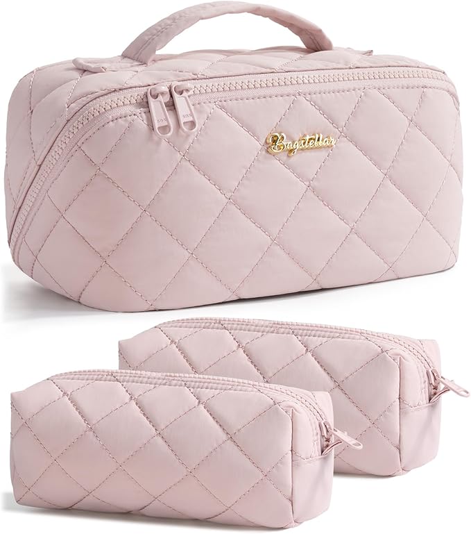 Travel Makeup Bag, 3 Pcs Large Capacity Puffy Toiletry Bag for Women, Open Flat Make up Cosmetic Organizer w/Handle & Clear Divider Water-resistant Portable Pouch Travel Essentials, M-Light Pink