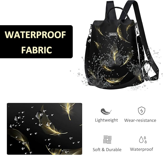 Fmeida Travel Backpack Purse for Women Anti Theft Convertible Backpacks Fashion Waterptoof Nylon Daypack Black Feather
