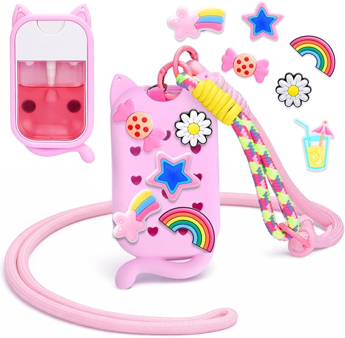 Mity rain Hand Sanitizer Spray Case Compatible With Touchland, Cute Silicone Hand Sanitizer Holder Keychain with 4 Charms, Portable Refillable Sanitizer Accessory, Gift for Women And Teens
