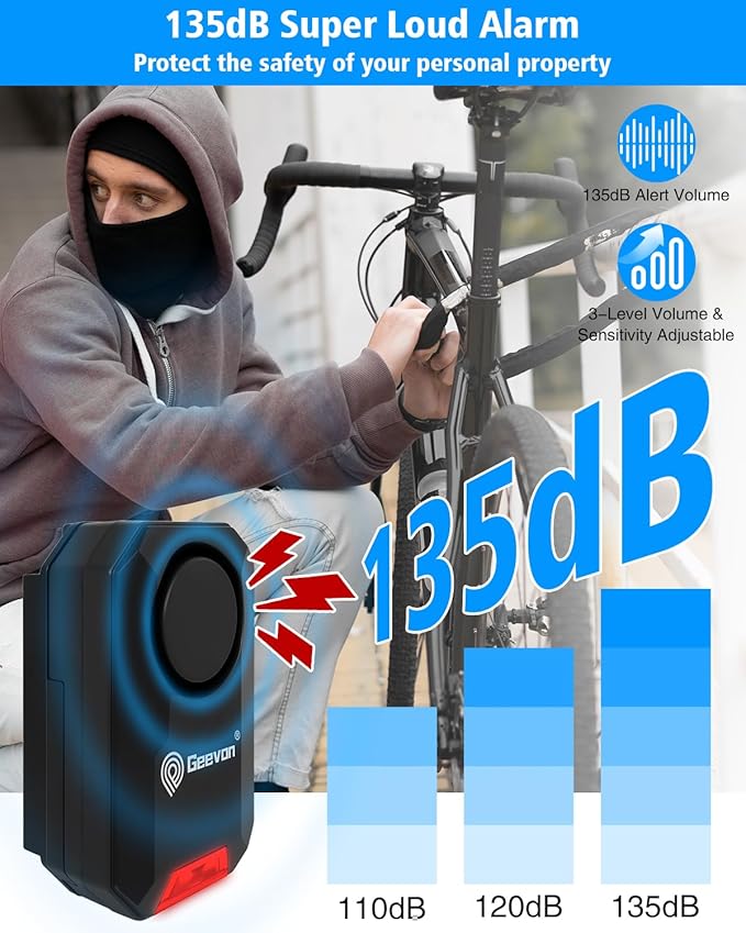 Geevon Loud 135dB Bike Alarms for Ebikes, Wireless Bike Alarm with Remote, Anti-Theft Bicycle Motorcycle Alarm Wireless Security Sensor Alarms, IPX5 Waterproof