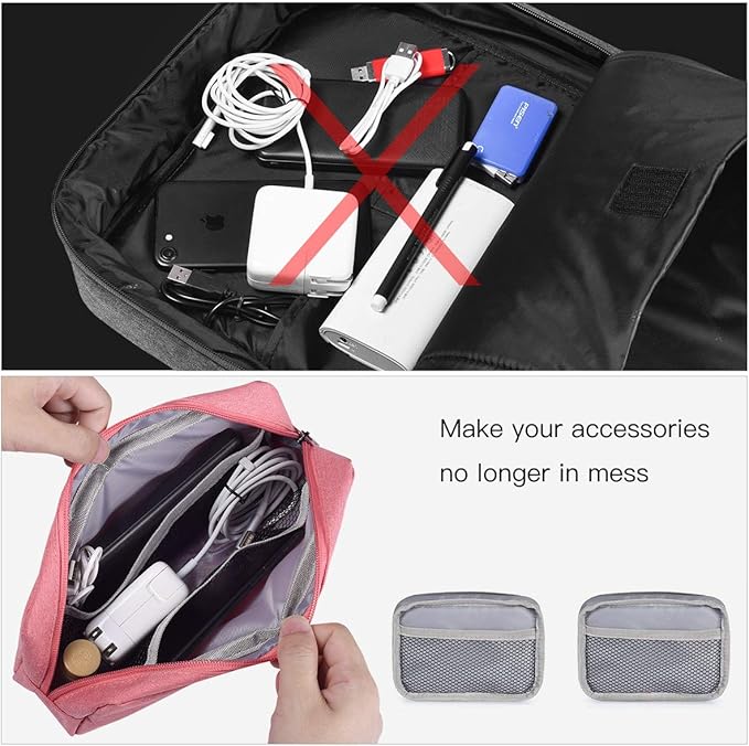 2-PACK Accessories Bag for Women Ladies Travel Organizer, Big+Small Portable Storage Bag Pouch Electronics Accessories Carrying Case Cosmetic Bag for Hard Drive, Mouse, Cable, Adapter, Cellphone, Pink