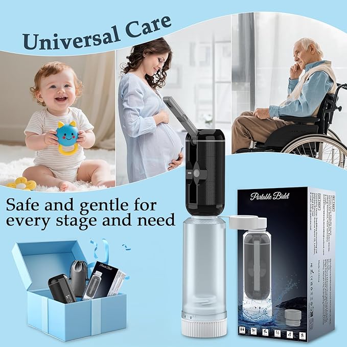 Portable Bidet for Travel, Rechargeable Travel Bidet Sprayer Fits Various Sizes of Water Bottles, Waterproof High Pressure Handheld Bidet for Women Men Personal Hygiene, Black