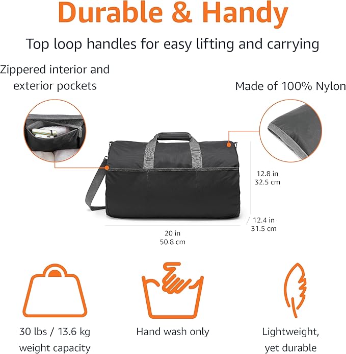 Amazon Essentials Lightweight 20-inch Duffel Bag for Travel with 30 lb Weight Capacity, Zippered Pockets, Collapsible Design, Black