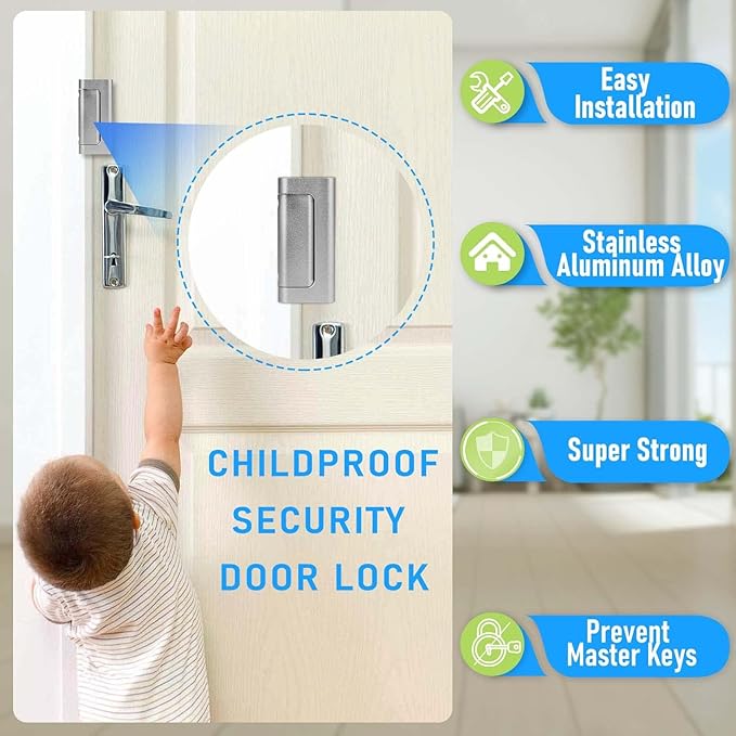 Door Reinforcement Lock, 6PACK Home Security Door Lock Withstands 800 lbs, Childproof Top Door Lock Latch for Toddlers Safety, Inside Night Defender for Inward Swinging Doors