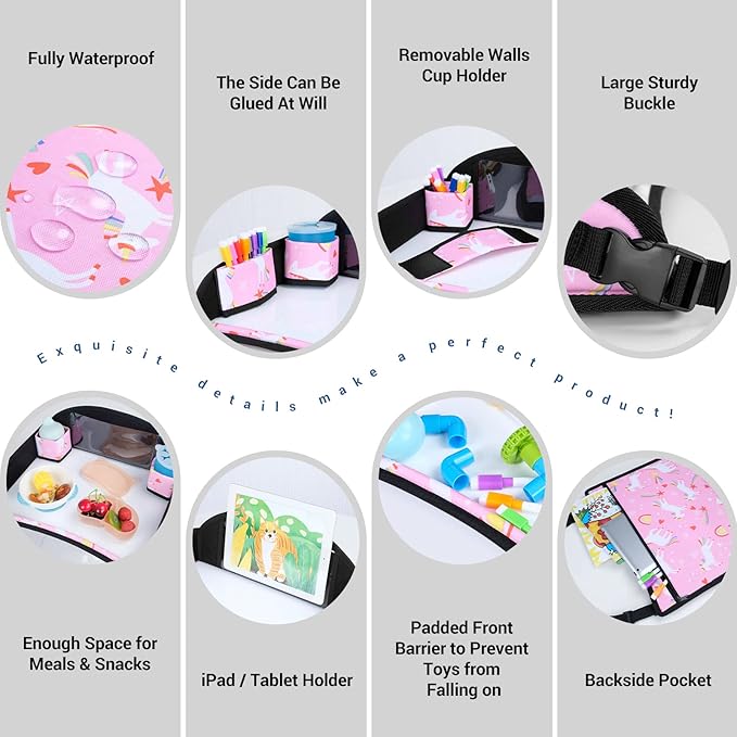 COOLBEBE Kids Travel Tray for Toddler Car Seat, Portable Car Seat Lap Tray with 2 Cup Holders & 8 Markers, Pink Unicorn Travel Tray for Airplane, Road Trip Activities for Kids