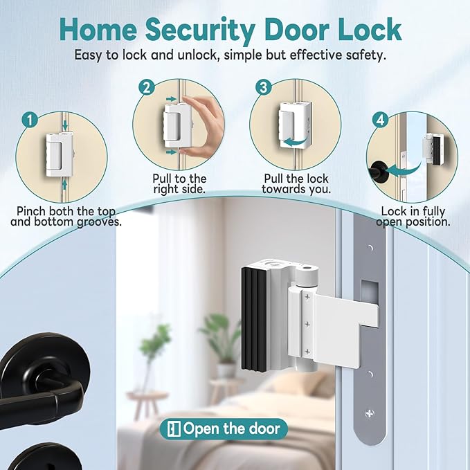 Upgraded Portable Security Door Reinforcement Lock - No Drilling Flip Lock Latch Prevents Unauthorized Entry Fits Inward-Opening Doors, Apartment, Hotel, Travel (White-2 Pcs)