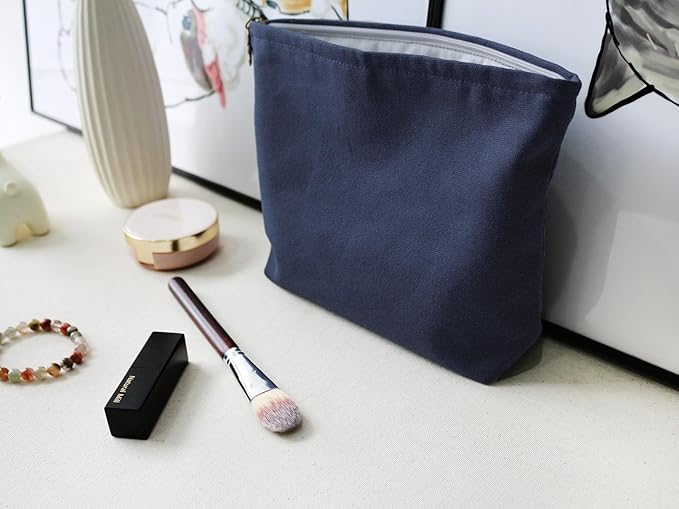 HAPPYHEIDI Canvas Pouch Cosmetic Bag, Tote Organizer, Heavy Duty Cotton Canvas, Solid Navy Blue, Zipper Clsosure, Large 10 x 8.5 Inches