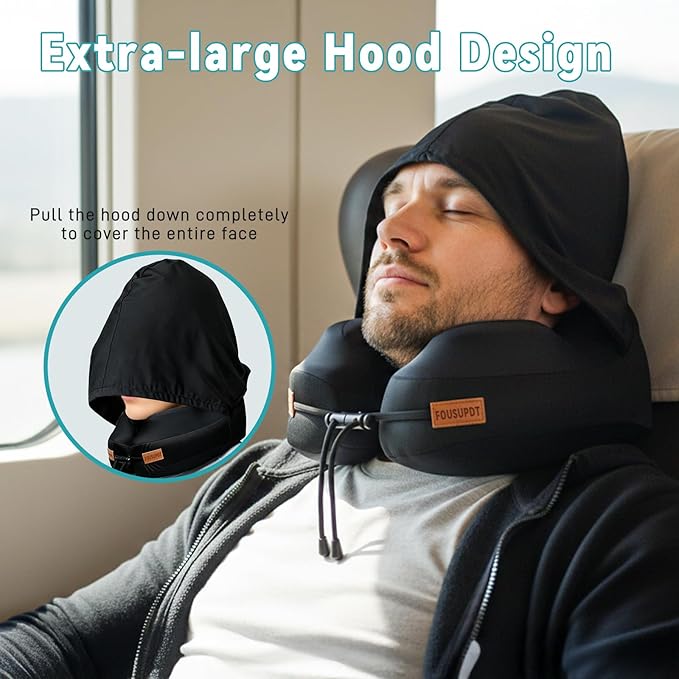 Neck Pillow with Hood, Travel Pillow for Sleeping, Memory Foam Airplane Pillow for Long Flight, Portable Travel Neck Pillow for Flight, Drive, Work, Rest, with Storage Bag